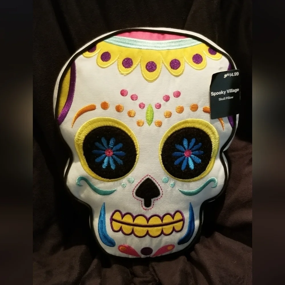 Spooky Village. Day of the Dead Candy Skull Pillow. 10